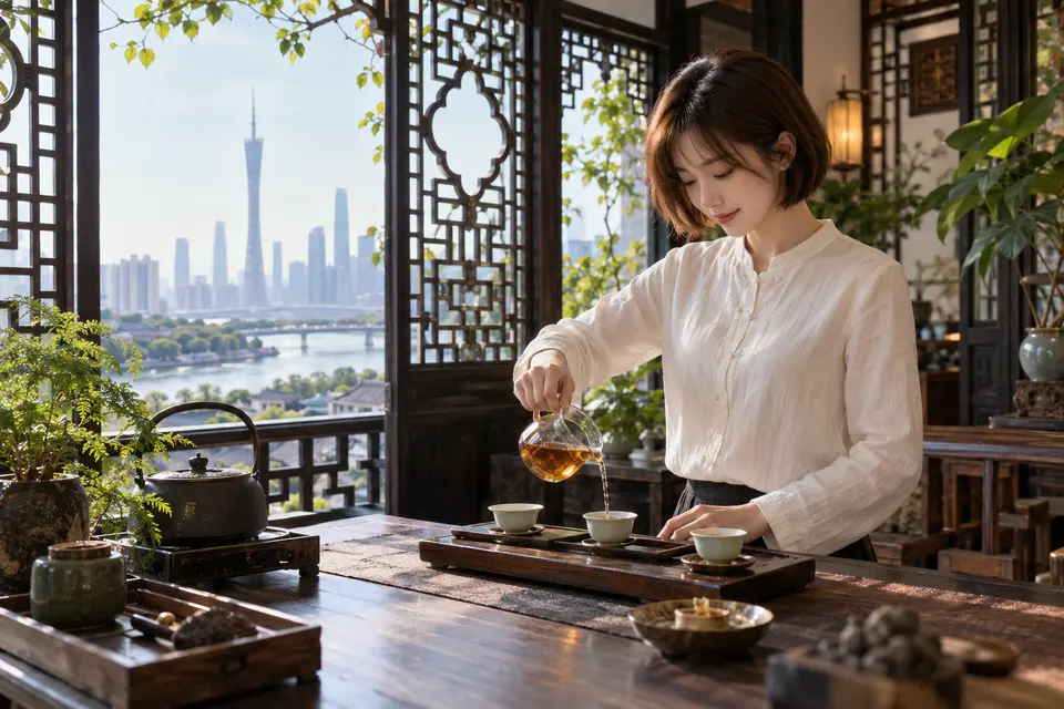 岭南花窗前的冲泡空间，公道杯与茶具摆放整齐