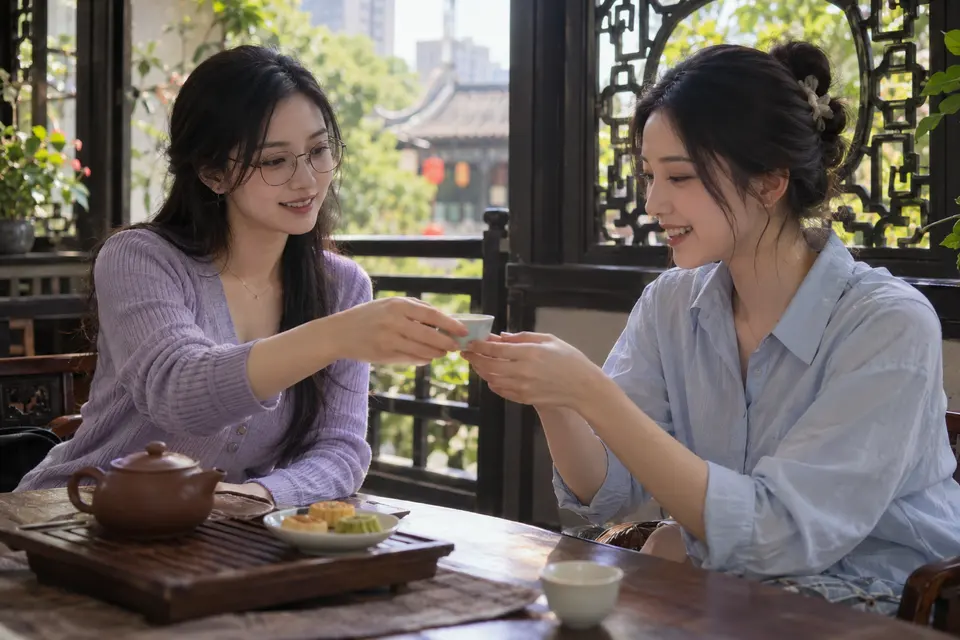 花窗前几位茶友围坐，桌上摆着茶点与茶杯