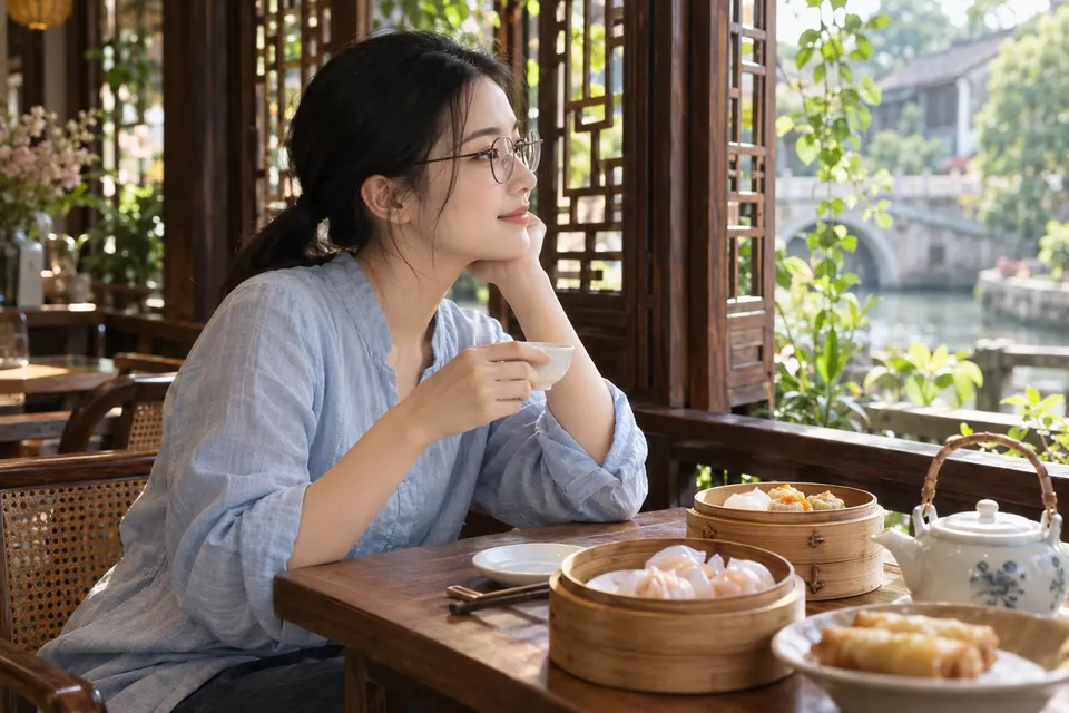 白瓷茶具与岭南早茶点心摆放在桌面上，适合边饮茶边小食